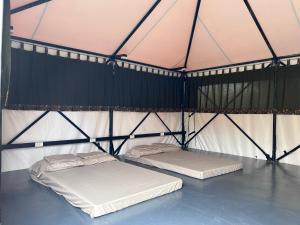 圣维森特Camp Backpackers Port Barton的黑白帐篷内的两张床
