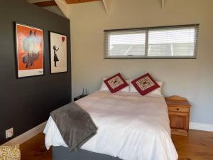开普敦Mountain View flat的卧室配有带红色枕头的大型白色床