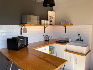 开普敦Mountain View flat的厨房配有带微波炉和水槽的台面