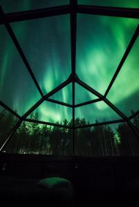 希内塔Arctic SnowHotel & Glass Igloos的从玻璃冰屋可欣赏到极光的景色