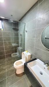 怡保Lost World Of Tambun Coco Guest House的一间带卫生间、水槽和镜子的浴室