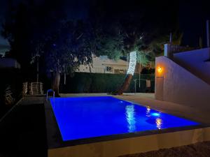 L'EucaliptusCasa Eucaliptus的夜间游泳池,灯光蓝色