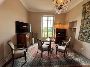 维耶尔宗Domaine de Charnay Plaisance Sologne的客厅配有桌椅和吊灯。