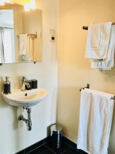 桑希尔Thornhill Inn的浴室配有盥洗盆、镜子和毛巾