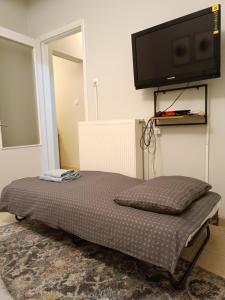 拉里萨Κεντρικό ευρύχωρο στούντιο με parking的卧室配有一张壁挂式平面电视的床。
