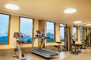 西姆拉Taj Theog Resort & Spa Shimla的一个带跑步机和椭圆机的健身房,位于带窗户的房间内