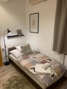 莫雄马扎尔古堡N-Apartman Central的一间卧室配有一张床铺,床上有毯子