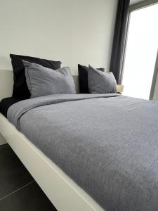 根特FDS Cosy Apartment的一张配有灰色床单和枕头的大床