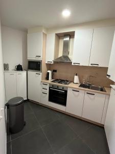 根特FDS Cosy Apartment的厨房配有白色橱柜和水槽