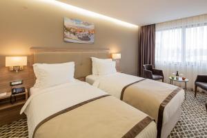 普罗夫迪夫Best Western Premier Plovdiv Hills的酒店客房,配有两张床和椅子