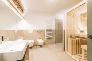 蒙塔尼亚Amplatz 1523 - B&B and Suites的一间带水槽、卫生间和淋浴的浴室