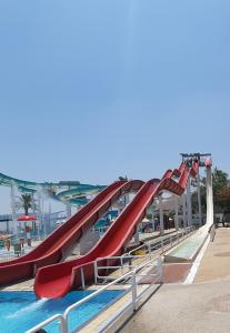 提比里亚盖海滩酒店的一个带游泳池的水上公园的滑梯