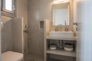 安倍拉斯Seaview Villa Euterpe的一间带水槽、卫生间和镜子的浴室