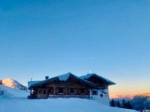 瑟尔Au Alm的雪中小木屋,背景是群山