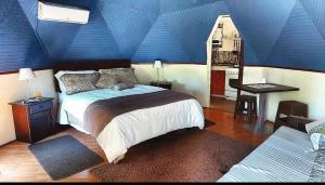 塔尔卡Lircaydomohostal - Domo 40m2 para 4 personas的一间卧室设有蓝色天花板和一张床