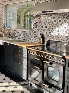 Marnay-sur-SeineLe Prieuré sur Seine的厨房配有不锈钢炉灶 顶部烤箱