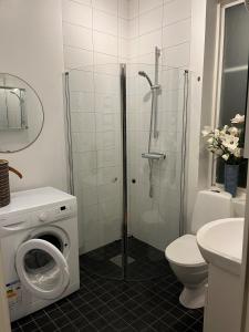 维斯比Österport - Visby Lägenhetshotell的带淋浴和洗衣机的浴室