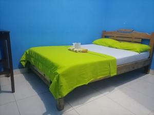 莱蒂西亚Hospedaje Mirador Grecia的一张带绿毯和蓝色墙壁的床
