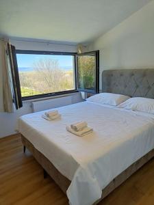 普罗明House in Istria的一间卧室配有一张大床和两条毛巾