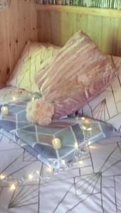 卡马森'Morris' the shepherd's hut with woodland hot tub的床上的枕头和灯