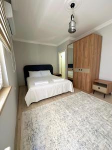 特拉布宗İMA APART的一间卧室配有一张床和一张大地毯