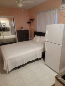 黎明城Tiny Efficiency All-In-1的卧室配有白色的床和冰箱。