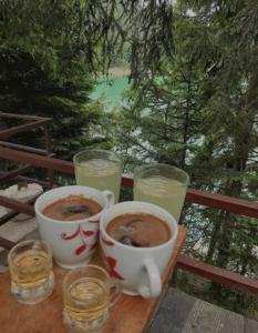 新瓦罗什Kuća Veronika Zlatarsko jezero 1的木桌边的两杯咖啡和饮料