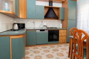 拉巴克Apartment Stella Marina的厨房配有绿色橱柜和炉灶。 顶部烤箱