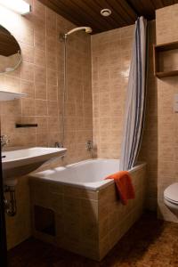厄茨Hotel Marko的带浴缸、盥洗盆和卫生间的浴室