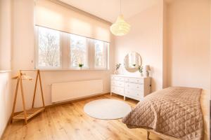 莱茵河畔路德维希港Casita Loft的一间卧室配有一张床、一个梳妆台和一扇窗户。