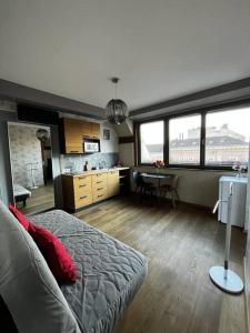 布达佩斯Elegant rooftop studio with shared terrace and jacuzzi的一间带床和厨房的客厅