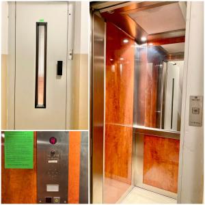 旧扎戈拉City Centre Bright & Cozy Apartment for 4 persons的一座带玻璃门的建筑中的电梯