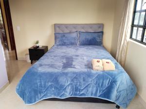瓜塔维塔Hospedaje Casa Blanca的蓝色的床,上面有两条毛巾