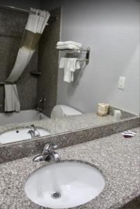 艾达Economy Inn的浴室的柜台设有水槽和镜子