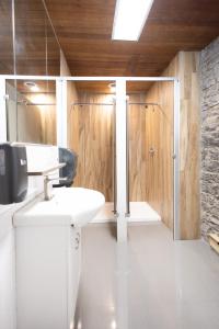 魁北克市Auberge de la paix的带淋浴、卫生间和盥洗盆的浴室