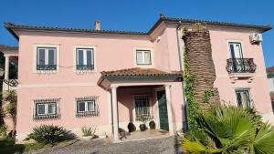 莱里亚Casa Da Palmeira的棕榈树粉红色的房子