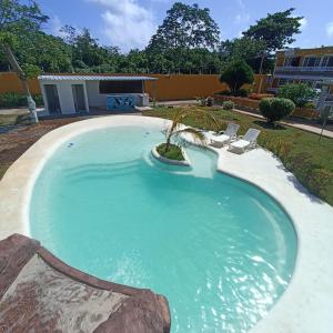 圣安德烈斯Hotel Campestre Dorado SAI的一座棕榈树的大型游泳池