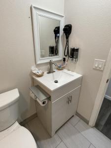 方塔纳Fontana Inn的一间带水槽、镜子和卫生间的浴室