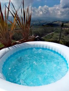 派帕Glamping Altos De Hayuelos的后院的蓝色大型小型游泳池