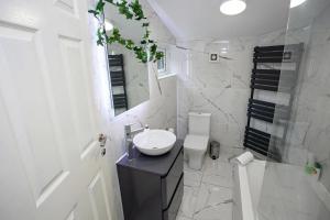 曼彻斯特The Safari House - Your Ultimate Relaxation Destination的一间带水槽、卫生间和淋浴的浴室