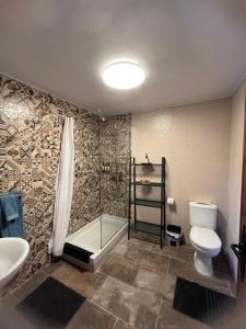 洛哈El Retiro的带淋浴、卫生间和盥洗盆的浴室