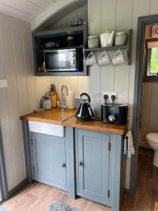 巴特尔Greatwood Shepherds Hut的厨房配有带水槽和微波炉的台面
