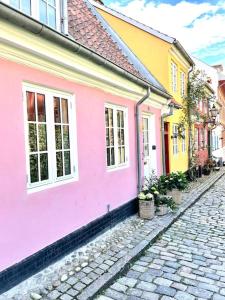 奥尔堡Vidunderligt hus m/egen gårdhave - midt i centrum的一条鹅卵石街道上,有粉红色和黄色的房屋