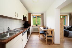阿布特瑙Ferienappartements Schrattengut的厨房配有水槽和桌子
