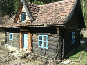 Podrašnica泽林科瓦假日公园酒店的小木屋设有蓝色窗户和屋顶