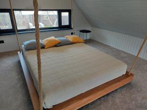 卡缅涅茨-波多利斯基Cottages Family Estate的一张位于房间的床,上面有两个枕头
