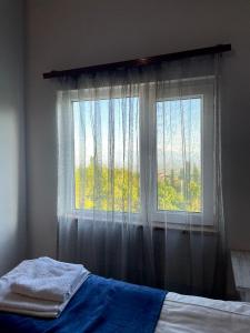 ByurakanByurakan Guesthouse & Cottage的一间卧室配有床和带窗帘的窗户
