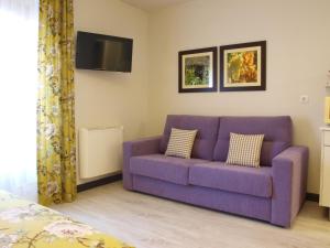 波特斯塞拉利昂奥索公寓的客厅设有一张紫色沙发,配有电视