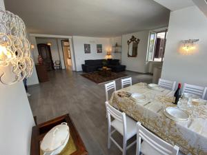 斯特雷萨Wonderful Stresa apartment的用餐室以及带桌椅的起居室。