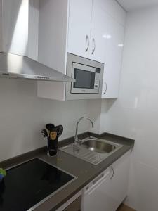 塞维利亚Lyrioshomes Apartamento Filpo Rojas , Sevilla的白色的厨房配有水槽和微波炉